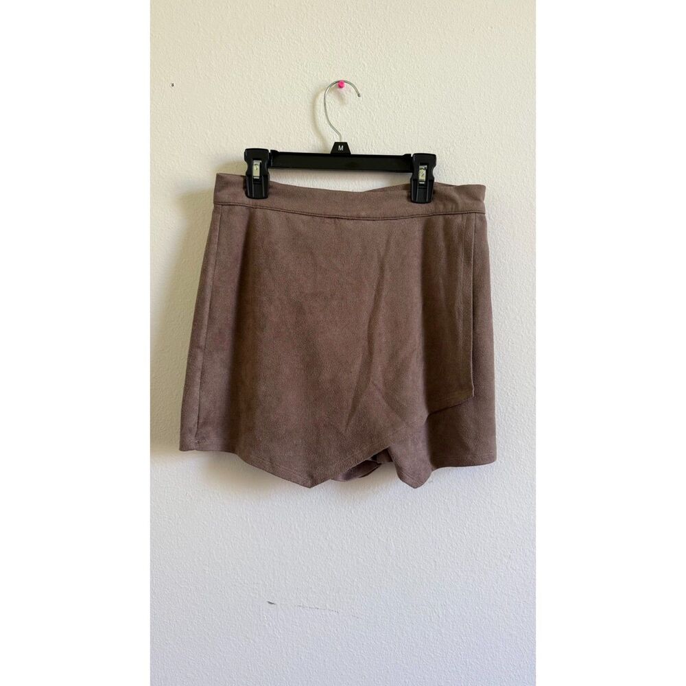 Soprano Faux Suede Wrap Skort Women's Large Taupe Brown High Rise Fall Mini